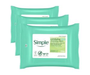 Simple biodegradable Exfoliating Face Wipes cleansing wipes to smooth skin and unclog pores for sensitive skin 20 wipes (Pack of 3)