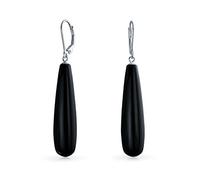 Simple Black Onyx Gemstone Elongated Teardrop Lever Back Dangle Earrings For Women .925 Sterling Silver
