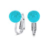 Simple Blue Compress Turquoise Gemstone Bead Round Ball Clip On Earrings .925 Sterling Silver 8MM December Birthstone