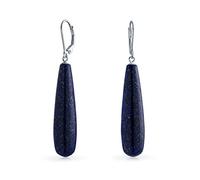 Simple Blue Lapis Lazuli Gemstone Elongated Teardrop Lever Back Dangle Earrings For Women .925 Sterling Silver