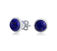 Simple Blue Synthetic Blue Lapis Lazuli Bezel Set Round Dome Button Stud Earrings For Women .925 Sterling Silver