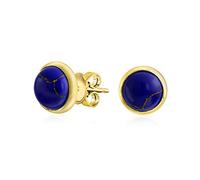 Simple Blue Synthetic Blue Lapis Lazuli Bezel Set Round Dome Button Stud Earrings For Women Gold Plated .925 Sterling Silver