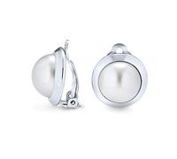 Simple Button Style Round Dome Bezel White Simulated Pearl Clip On Earrings For Women Non Pierced Ear Silver Plated Brass