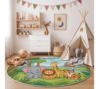 Simple Cartoon Animals Rug for Living Room - Round 160cm | Elephant Lion Tiger Washable Circle Area Rugs for Bedroom, Non Slip Soft Low Pile Circular Carpet for Kids Bedroom, Playroom Reading Corner