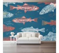 Simple Cartoon Style Wallpaper Murals, 200x140cm for Home Decor | Cute Graffiti Animal School Fish Non-Woven Wallpaper, Blue for Living Room Bedroom Kids Room Backdrop