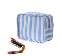 Simple Checkered Pattern Ruffled Portable Cosmetic Bag, Foldable, Boar Hair Styling, Comb, Travel, Toiletry Bag, Cosmetics, Mini Storage Bag, Women's, Best Friend, 1 Pack (Blue + Comb)