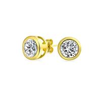 Simple Classic Bezel Set Cubic Zirconia AAA CZ Round Solitaire Stud Earrings For Women Yellow Gold Plated .925 Sterling Silver 7MM