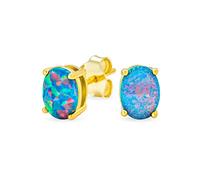 Simple Classic Black Blue Opulence Gemstone Created Opal Oval Stud Earrings 14K Yellow Gold Plated .925 Sterling Silver 7MM October Birthstone