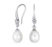 Simple Classic Bridal White Pear Shape Freshwater Cultured Pearl Teardrop Dangle Earrings For Women .925 Sterling Silver French Fish Hook