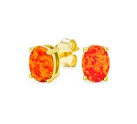 Simple Classic Fire Orange Opulence Gemstone Created Opal Oval Stud Earrings 14K Yellow Gold Plated .925 Sterling Silver 7MM October Birthstone