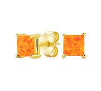 Simple Classic Fire Orange Opulence Gemstone Created Opal Square Princess Cut Stud Earrings Yellow Gold Plated .925 Sterling Silver 5MM October Birthstone