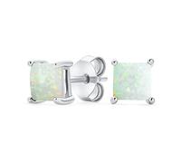 Simple Classic White Opulence Gemstone Created Opal Square Princess Cut Stud Earrings .925 Sterling Silver 5MM October Birthstone