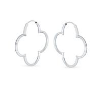 Simple Clover Flower Shaped Thin Tube Endless Hoop Earrings For Women Polished .925 Sterling Silver 1.5 In Diameter
