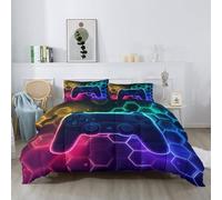 Simple Coverless Duvet Super King, Soft Hypoallergenic Reversible Quilt, Neon Lights Hexagons Game Controllers Pattern Washable Bedding Set with 2 Pillowcases for All Season, Colorful 260 x 220 cm