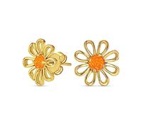 Simple Created Orange Fire Opal Daisy Flower Stud Earrings For Women Teen Gold Plated .925 Sterling Silver October Birthstone