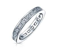 Simple Cubic Zirconia Channel Princess Cut CZ Stackable Wedding Band Eternity Ring For Women .925 Sterling Silver 2MM