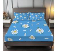 Simple Daisy Pattern Printed Fitted SheetSuper King, Soft Microfiber Fitted Bed Sheets Shrinkage Fade Resistant Bedding with 2 Pillowcases, Deep Pocket 30cm Fitted Sheet for Single Double King, Blue