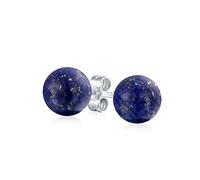 Simple Dark Blue Lapis Lazuli Gemstone Round Circle Ball Stud Earrings For Women For Men .925 Sterling Silver 10MM