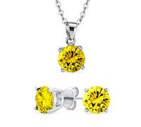 Simple Delicate Solitaire Round Yellow Pendant Stud Earrings Jewelry Set Canary Yellow Cubic Zirconia Rhodium Plated .925 Sterling Silver