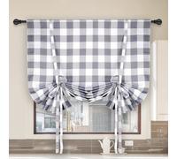 Simple Deluxe Adjustable Tie Up Shade & Curtains for Kitchen Windows, Buffalo Check Plaid Farmhouse Thermal Insulated Blackout Room Darkening Curtain, 42" W x 63" L, White and Gray