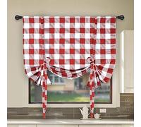Simple Deluxe Adjustable Tie Up Shade & Curtains for Kitchen Windows, Buffalo Check Plaid Farmhouse Thermal Insulated Blackout Room Darkening Curtain, 42" W x 63" L, White and Red