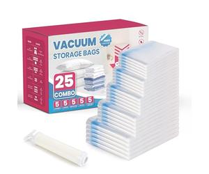 Simple Deluxe Vacuum Storage Bags 25 Pack Multi-Size Bundle | 5x Jumbo(70x100cm)/5x Large/5x Medium/5x Small/5x Roll-Up Bags with Hand Pump for Underbed Storage, Seasonal Clothes & Duvets