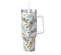 Simple Dragonfly Print 40oz with Straw and Lid, Stainless Steel Double Wall Vacuum Insulated Coffee Mug for Hot and Cold Coffee, Travel Mug with Handle