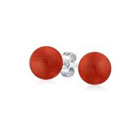 Simple Dyed Red Natural Coral Ball Round Stud Earrings For Women .925 Sterling Silver 10MM