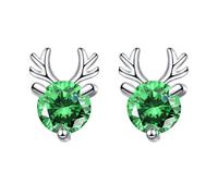 Simple Earrings for Women, Silver Earring Jewelry Stud Deer 3 Prong Round Cubic Zirconia Green 9.15X6.8mm Wife Engagement Jewelry Upgrade