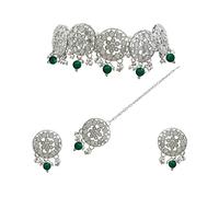 Simple & Elegant Ethnic Design Silver Plated Mirror Work Alloy Choker Necklace Earring With Maangtikka Jewellery Set - Green