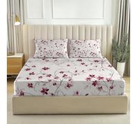 Simple Exquisite Elegant Vines Printed Fitted Sheets, Dark Red Microfiber Fitted Bed Sheets Soft Breathable Fade Resistant Bedding with Extra Deep Pocket 30 cm Super King 180 × 200 cm