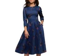 Simple Flavor Women's Floral Evening Flare Vintage Midi Dress 3/4 Sleeve (0658BL, M)