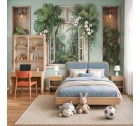 Simple Floral Arched Window Non-Woven Wallpaper - Green Misty Tropical Rainforest Wall Mural For Bedroom, Living Room Background Decoration, 3D Photo Wall Paper Poster Picture 400X280Cm (Wxh)