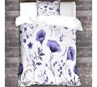 Simple Flower Duvet Cover Quilt Cover 3D Print Purple Flowers And Tempera Comforter Covers for Teens And Adults with Pillow Cases with Zipper Closure Soft Microfiber Bedding Set 3 Pieces Single（135x20