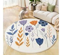 Simple Fresh Round Rug 180cm, Machine Washable Low Pile Plants Flowers Printed Circle Area Rug, Non Slip Non Shedding Purple Carpet, for Bedroom Nursery Entryway Bathmat
