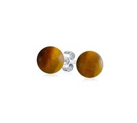 Simple Gemstone Brown Tiger Eye Round Ball Stud Earrings For Women .925 Sterling Silver 6MM