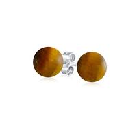 Simple Gemstone Brown Tiger Eye Round Ball Stud Earrings For Women .925 Sterling Silver 8MM