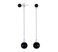 Simple Gemstone Dangle Double Round Genuine Black Onyx Long Linear Dangle Chain 2 Ball Earrings For Women .925 Sterling Silver 8MM