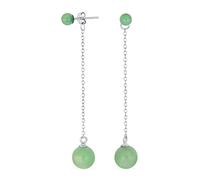 Simple Gemstone Dangle Double Round Genuine Green Jade Long Linear Dangle Chain 2 Ball Earrings For Women .925 Sterling Silver 8MM