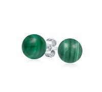 Simple Gemstone Green Malachite Round Ball Stud Earrings For Women .925 Sterling Silver 10MM