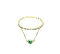 Simple Gold Rings, Woman Rings Row Of Moissanite with Chain Green Tourmaline 14K Yellow Gold Size W 1/2