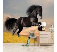 Simple Grass Animal Black Horse Creative Modern 3D Wallpaper Premium Textured Silk Neutral Tones Material Ideal for Living Room Bedroom-300cm×210cm