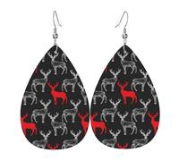 Simple Hand Painted Deer Red White Earrings for Women, Leather Earrings Teardrop for Women Trendy, Tear Drop Earrings Jewelry