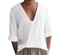 Simple Hemp Cotton Shirts for Men Deep V-Neck Tee Comfortable Long Sleeve Shirts Breathable Sweatshirts Solid Color Tops Beach Shirts Holiday Casual Shirts Party Prom Shirts Everyday Wear White