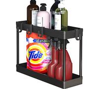 Simple Houseware 2-Tier Under Sink Organizer Storage Tray with Hooks, Black