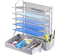 Simple Houseware 6 Trays Desk Document File Tray Organizer with Supplies Sliding Drawer, Silver