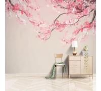 Simple Ink and Watercolour Branch Pink Flower 3D Wallpaper Textured Silk Easy Install Living Room Sofa Bedroom Dining Room Home Decoration Wall-250cm×170cm