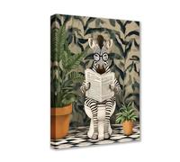 Simple Joyful Zebra on Toilet Canvas Wall Art Animal Read Newspaper Picture 1P Tropical Plant Posters Prints Cute Modern Artwork for Living Room Bedroom Home Decor Framed Gallery-Wrapped Ready to Hang