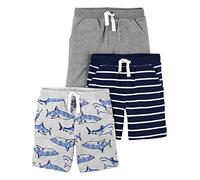 Simple Joys by Carter's Baby Boys' Multi-Pack Knit Shorts, Grey/Light Grey Heather Sharks/Navy Stripes, 12 Months (Pack of 3)