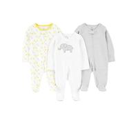 Simple Joys by Carter's Baby 3-Pack Neutral Sleep and Play Toddler Sleepers, Light Grey Mini Stripes/White Elephant/Giraffe, 3-6 Months (Pack of 3)